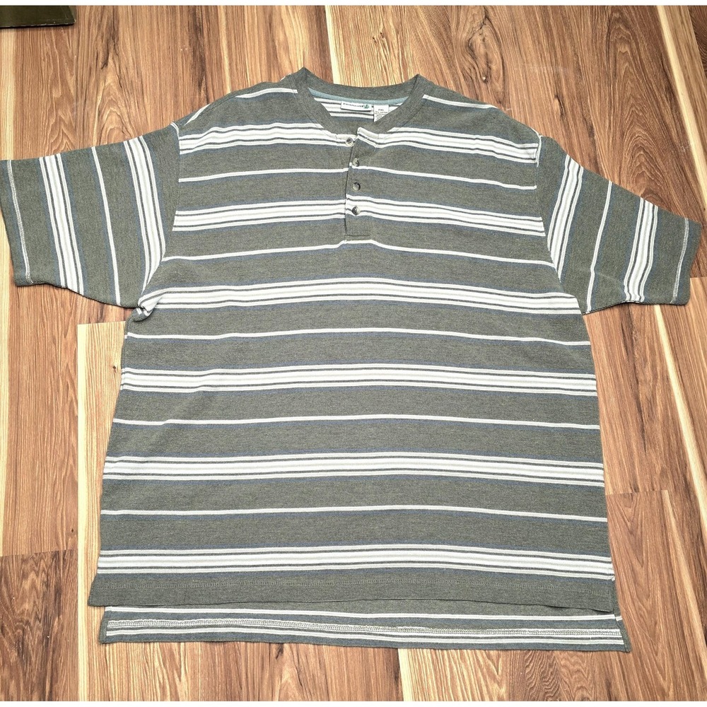 Fieldmaster Henley Thermal Shirt Men's 2XL Green Striped Short Sleeve Tee Top